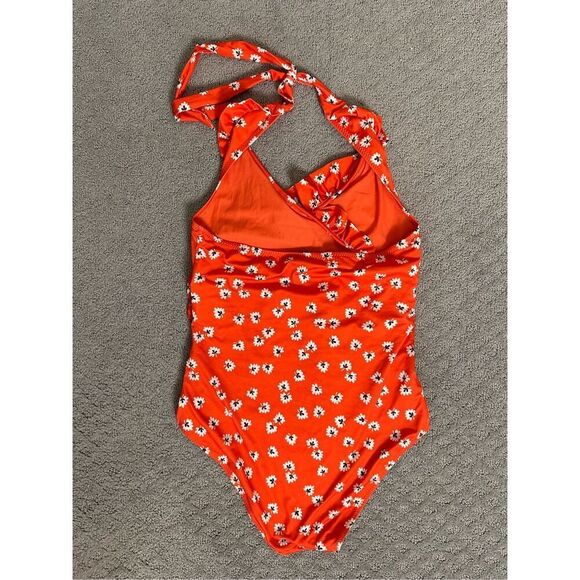 NEW COLUMBINE WRAP-EFFECT FLORAL-PRINT HALTERNECK SWIMSUIT IN TOMATO RED 38/M/6 - Picture 4 of 8